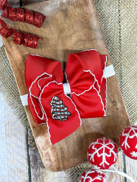 Christmas Tree Cake Embroidered  Moonstitch Bow Headband