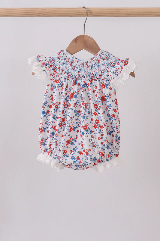 Blue Floral Lace Smocked Bubble