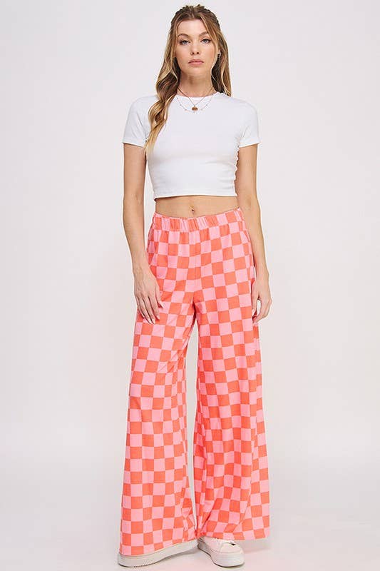 HIGH WAIST CHECKERED STRAIGHT LEG KNIT PANTS