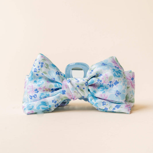 Satin Bow Claw Clip-Secret Garden Blue