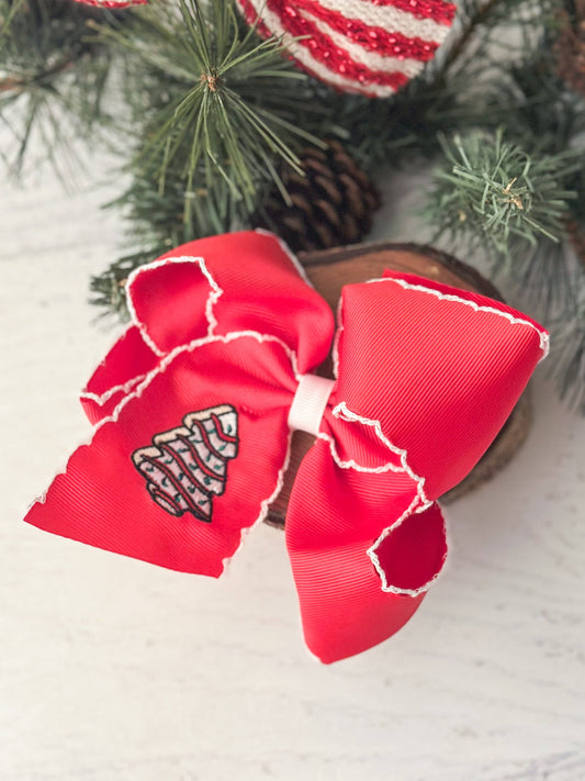 Christmas Tree Cake Embroidered Moonstitch Hair Bow