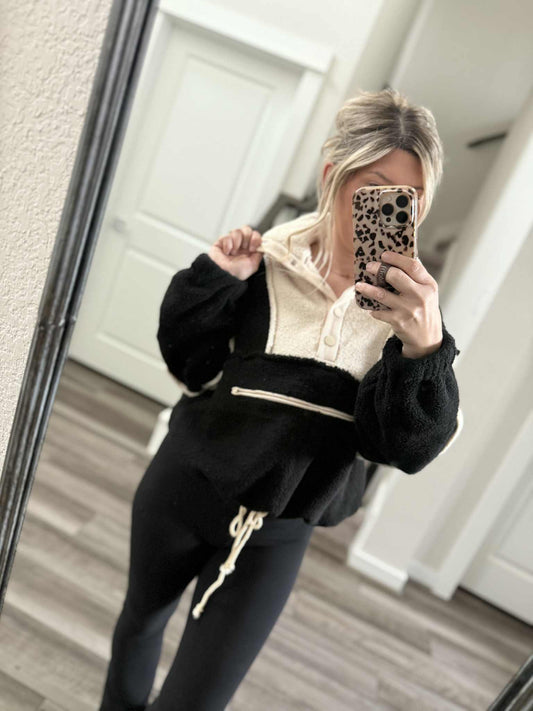 Fleece Color Block Hoodie Black