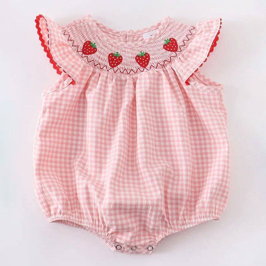 Baby Girls Strawberry Plaid Smocked Romper: 12M