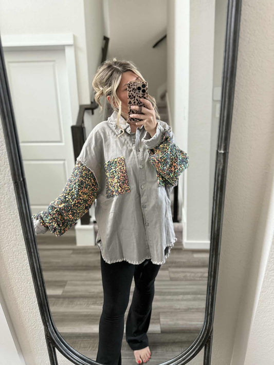 Blushin Sequin Shacket Grey