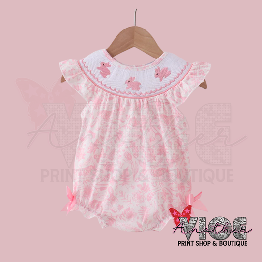 Pink Bunny Smocked Ruffle Bow Bubble