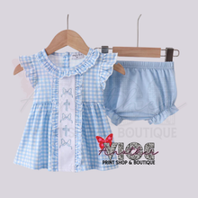 Blue Bow Embroidery Ruffle Gingham Bloomer Set
