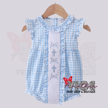 Blue Bow Embroidery Ruffle Gingham Bubble