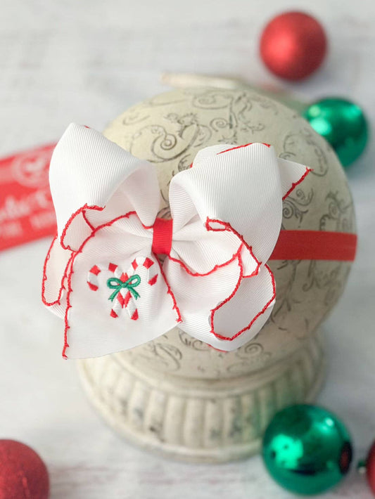 Candy Cane Embroidered Moonstitch Bow Headband